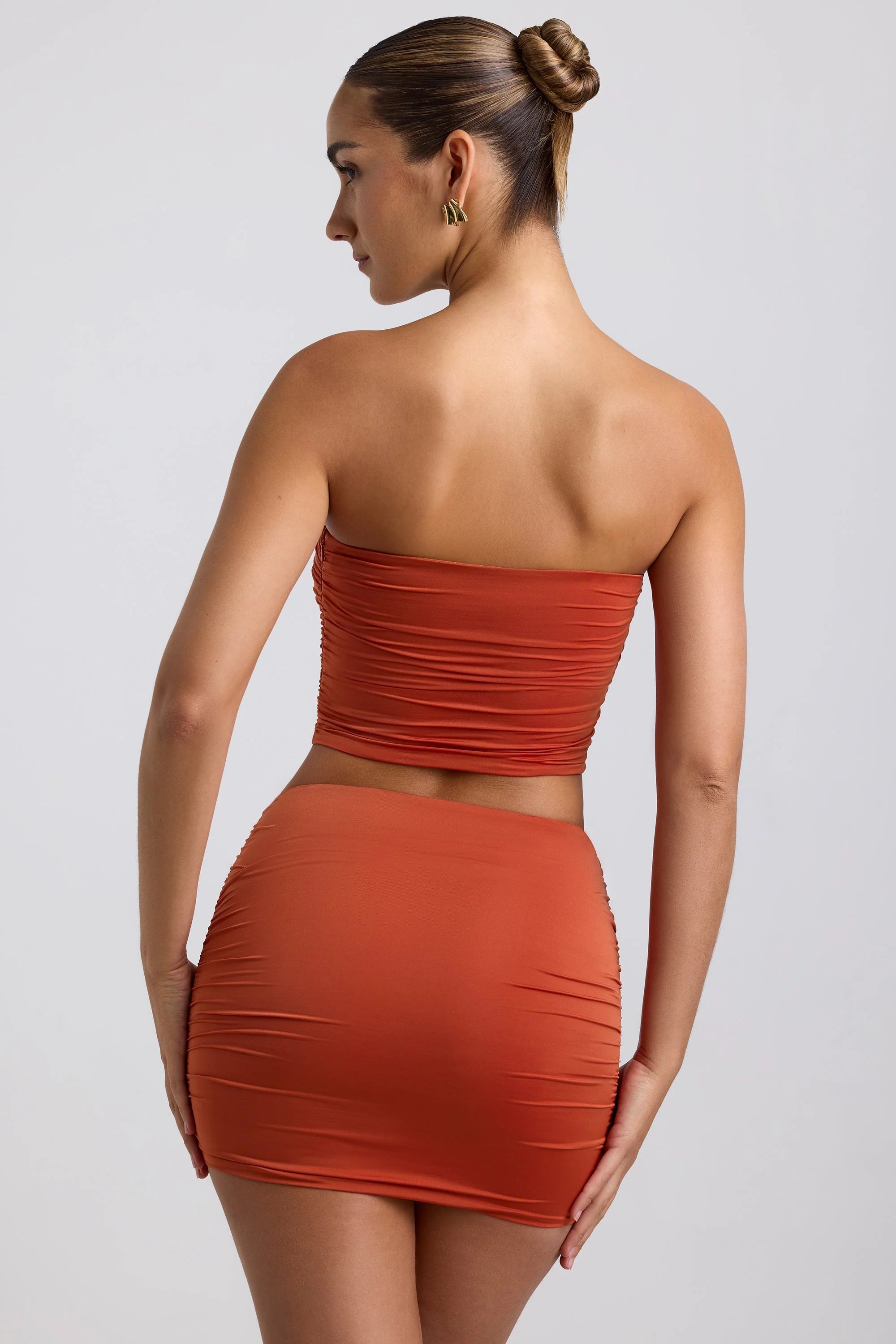 Slinky Jersey Ruched Micro Mini Skirt in Burnt Orange