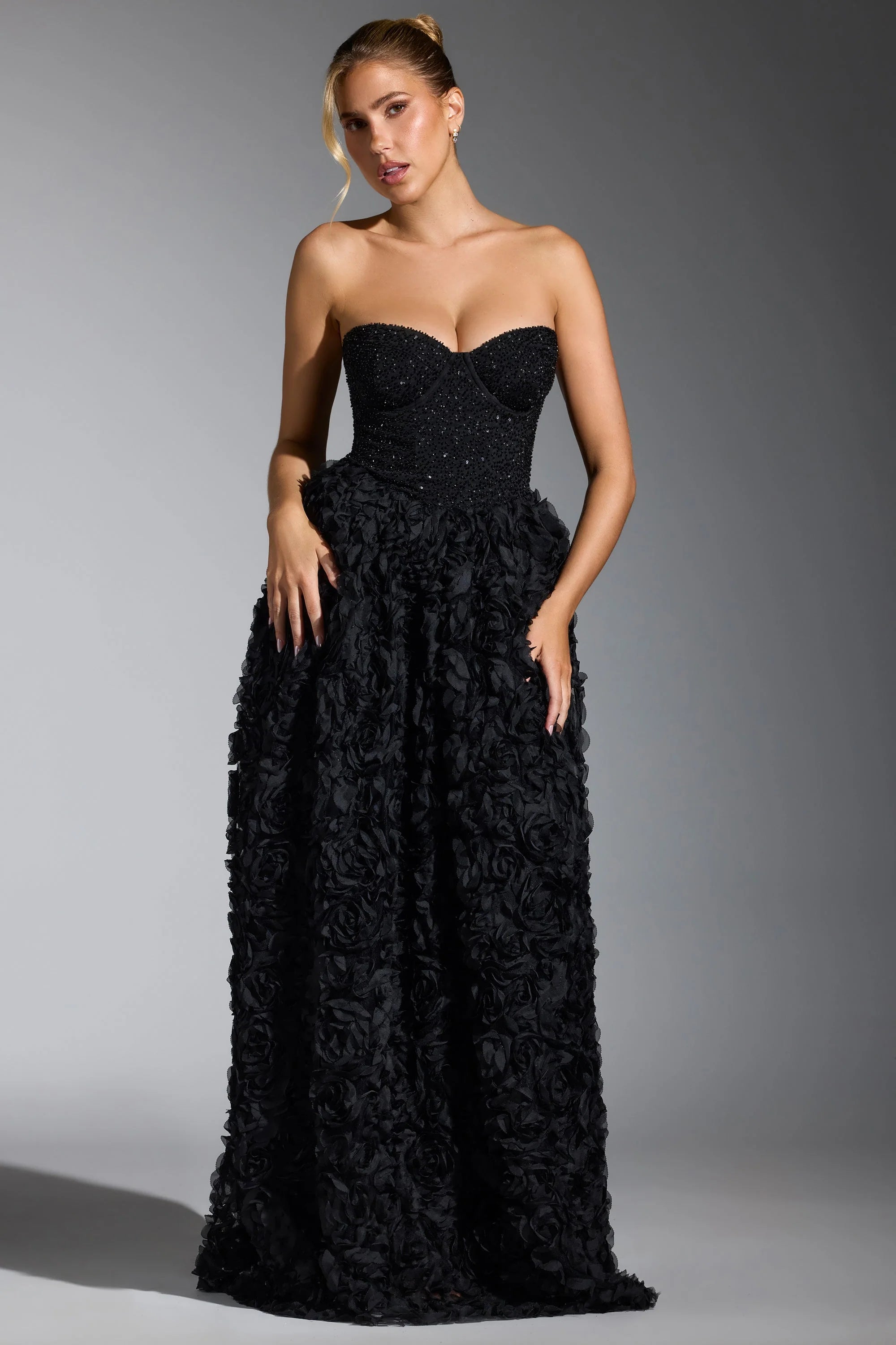 Embellished Floral-Appliqu¨¦ Corset Gown in Black