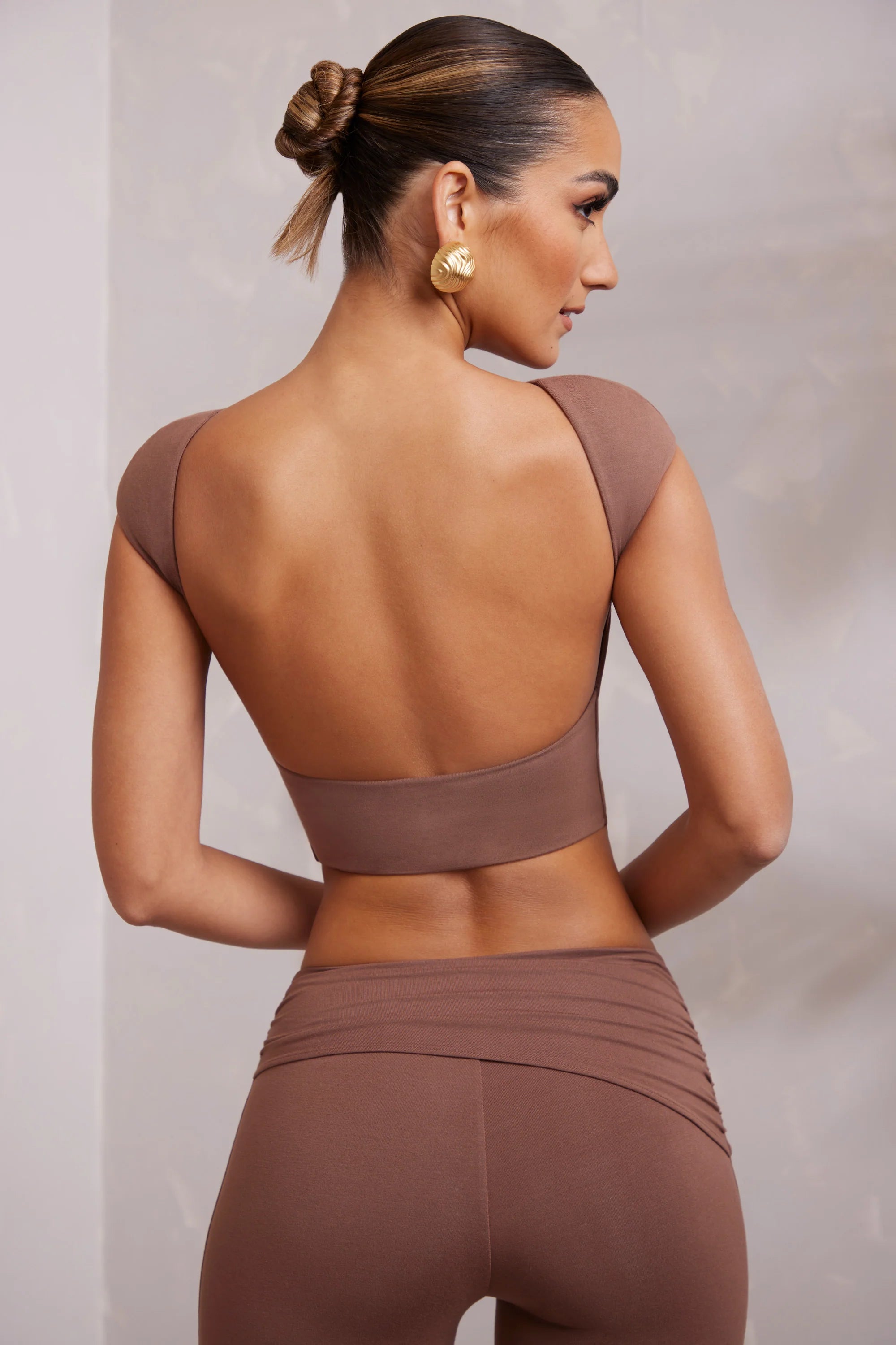 Cap Sleeve Open Back Crop Top in Brown