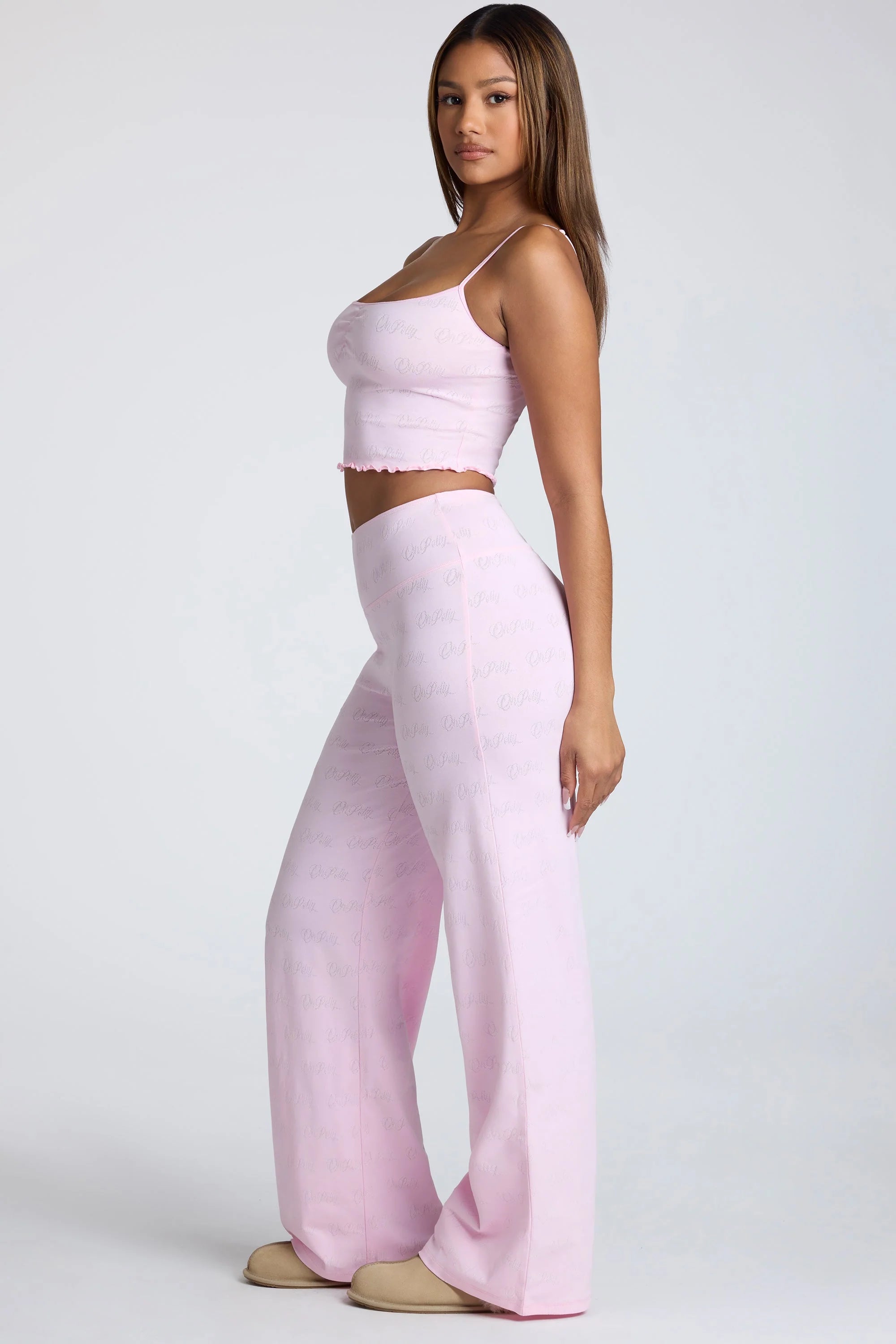 Mid Rise Straight Leg Pointelle Trousers in Baby Pink