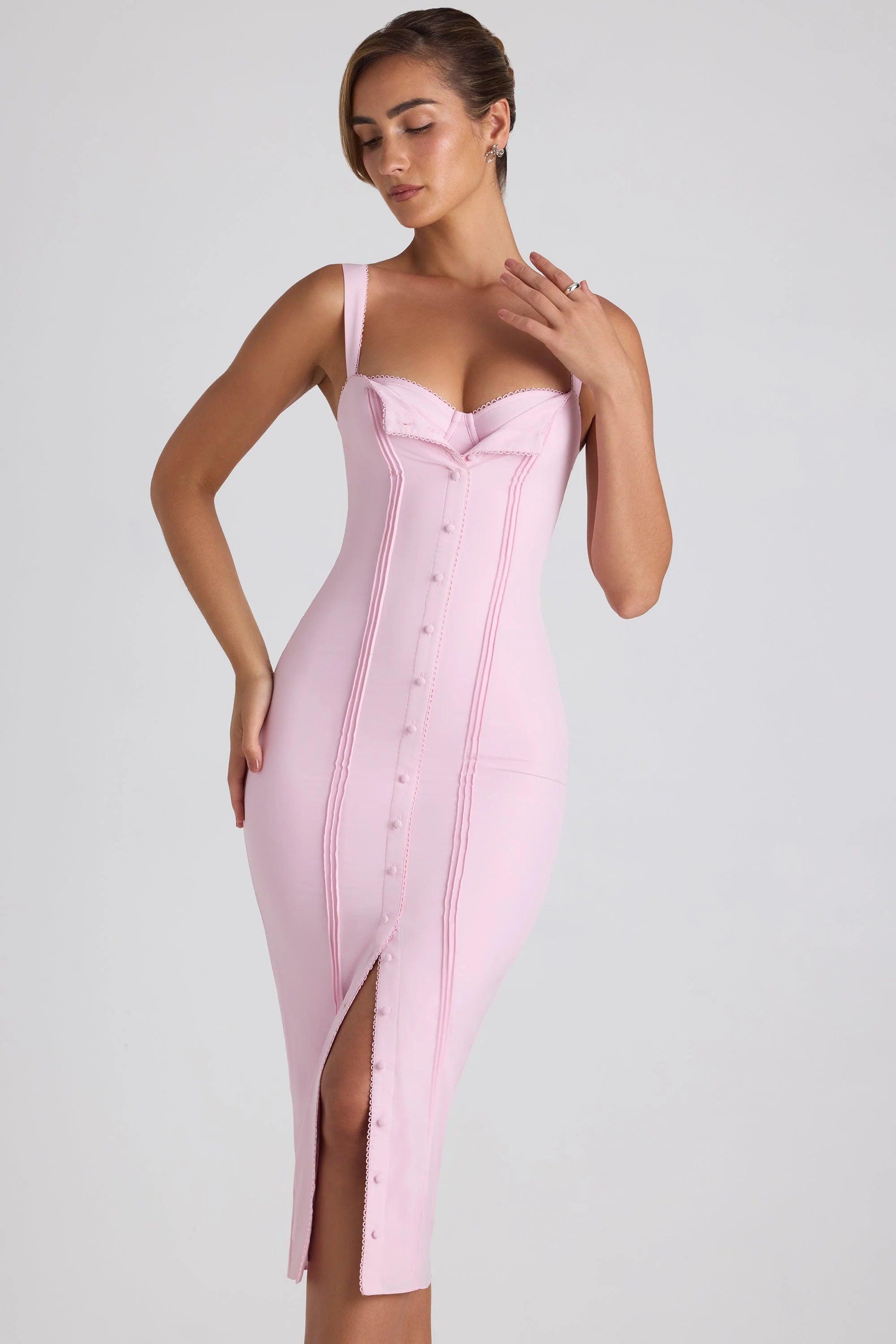 Midaxi-Kleid mit Knopfdetail in zartem Rosa