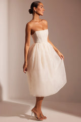 Abito midi con gonna in tulle con corsetto decorato in avorio