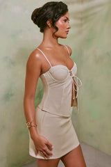 Sweetheart Neckline Front Tie Linen Top in White