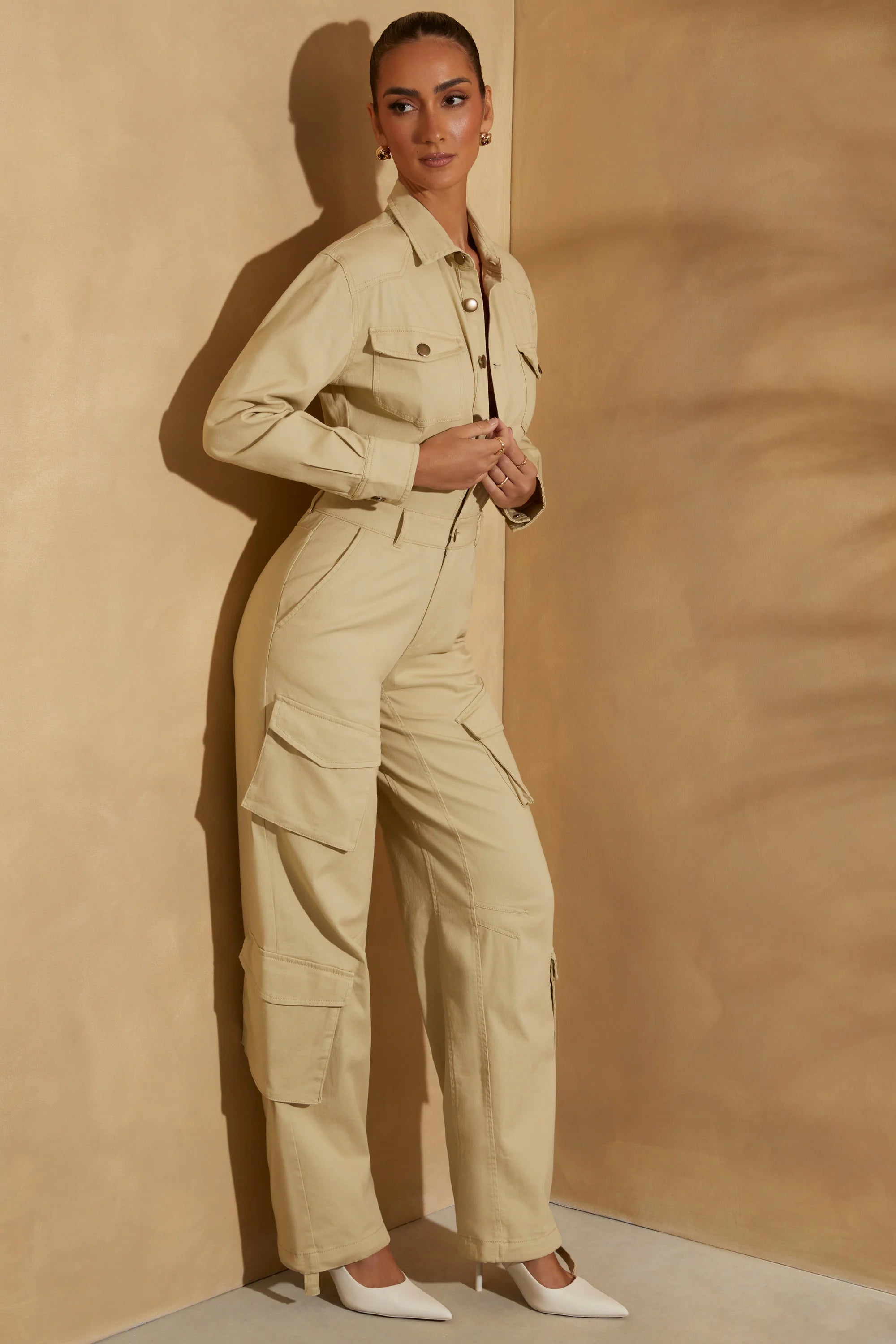 Wide Leg Long Sleeve Cargo Jumpsuit in Sage