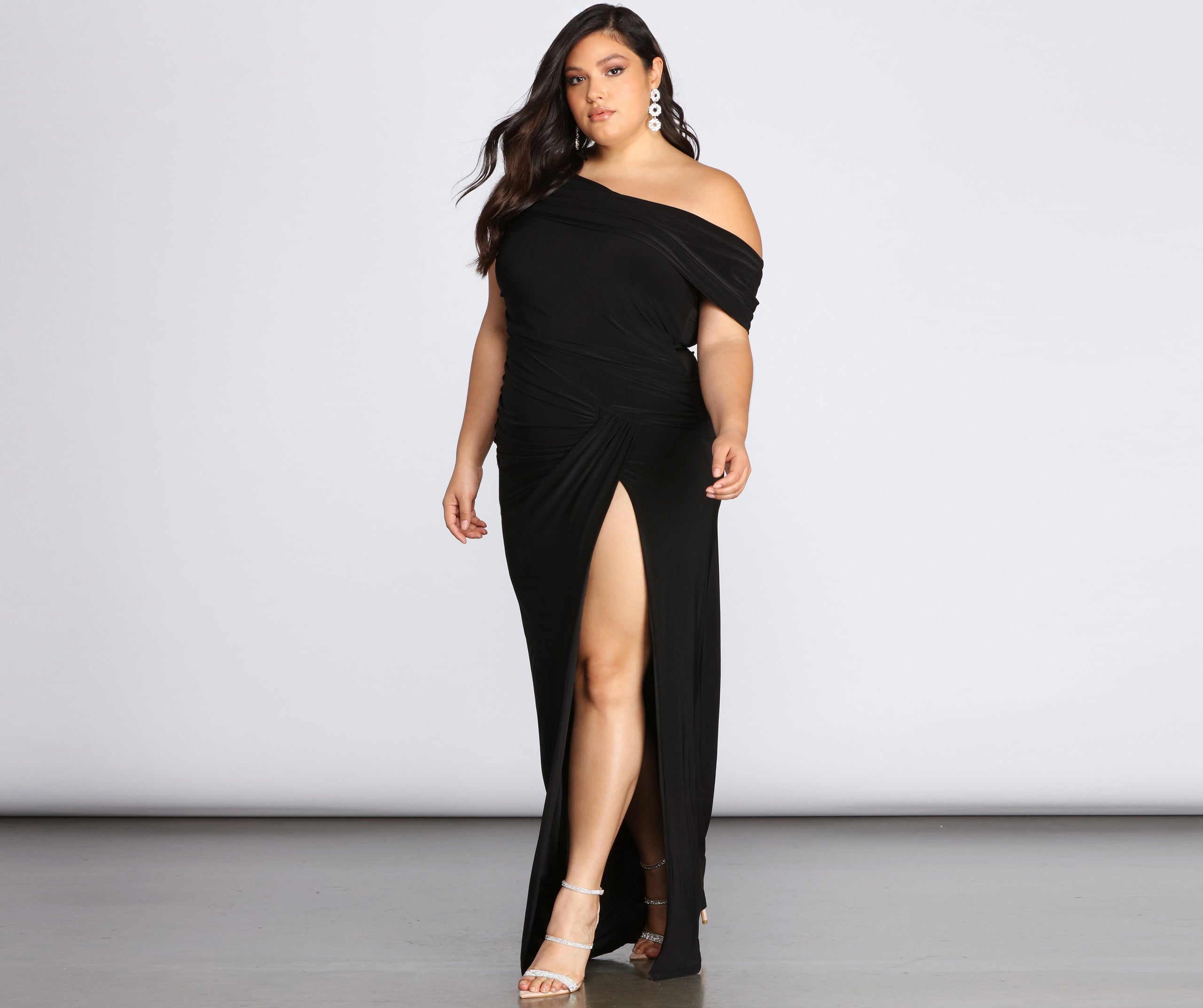 Plus Kaleigh Off Shoulder Dress is a stunning choice for a bridesmaid dress or maid of honor dress, and to feel beautiful at Homecoming 2023, fall or winter weddings, formals, & military balls!