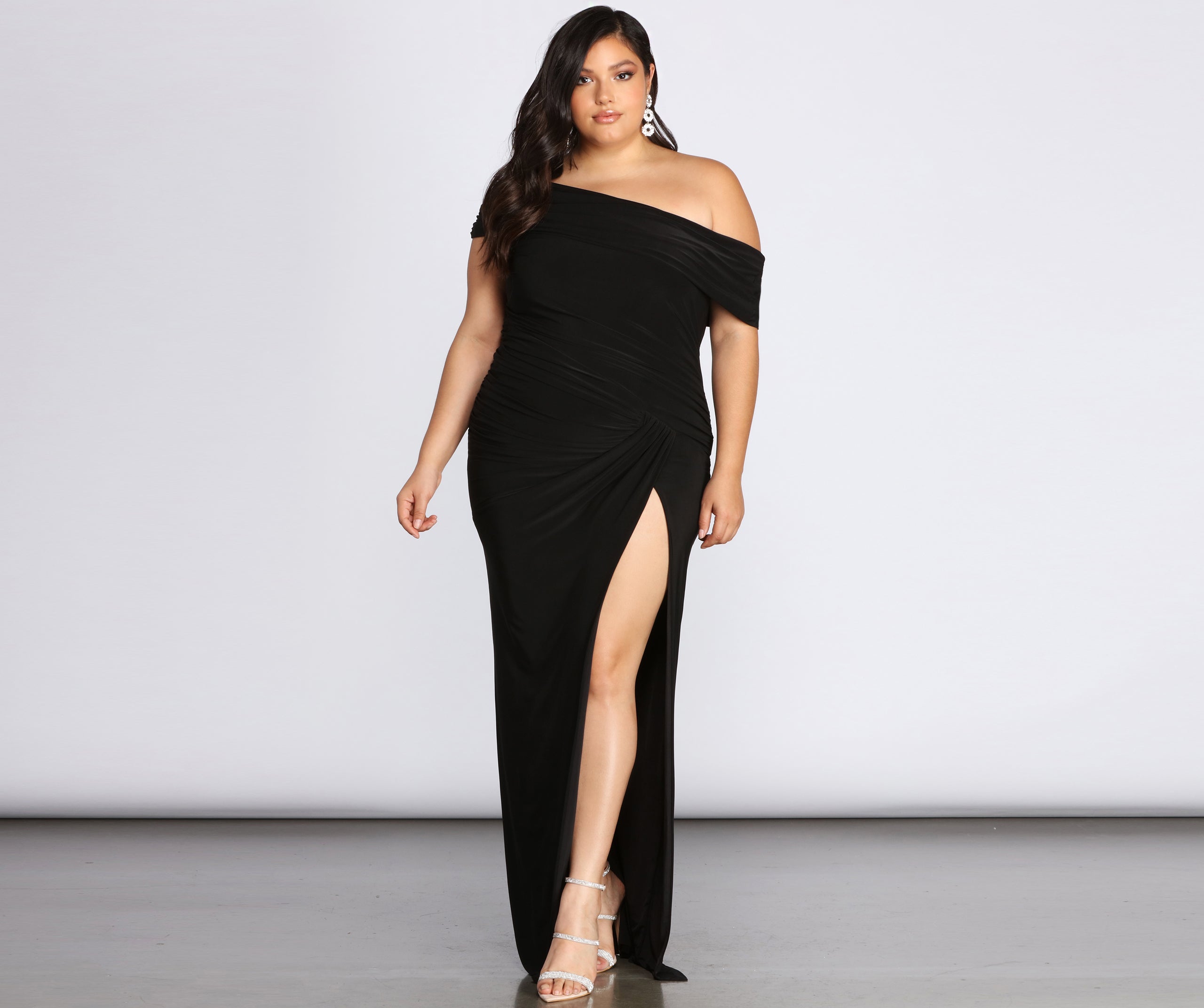 Plus Kaleigh Off Shoulder Dress is a stunning choice for a bridesmaid dress or maid of honor dress, and to feel beautiful at Homecoming 2023, fall or winter weddings, formals, & military balls!