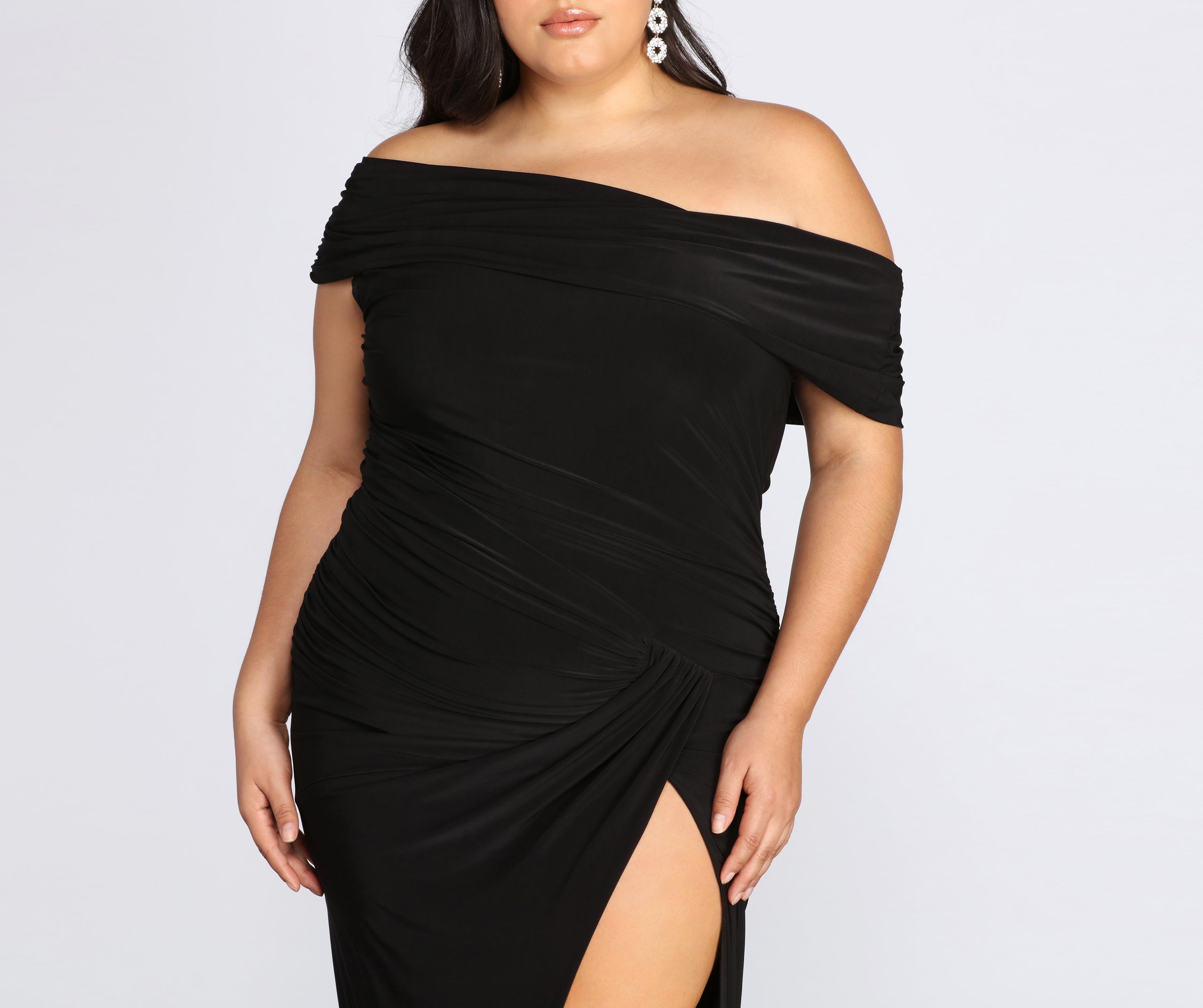 Plus Kaleigh Off Shoulder Dress is a stunning choice for a bridesmaid dress or maid of honor dress, and to feel beautiful at Homecoming 2023, fall or winter weddings, formals, & military balls!