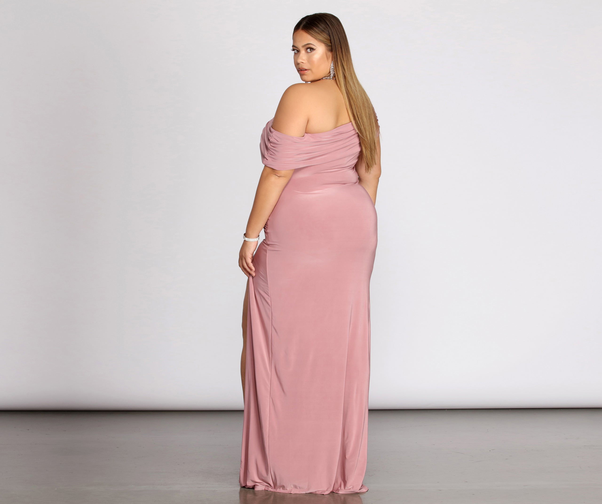 Plus Kaleigh Off Shoulder Dress is a stunning choice for a bridesmaid dress or maid of honor dress, and to feel beautiful at Homecoming 2023, fall or winter weddings, formals, & military balls!