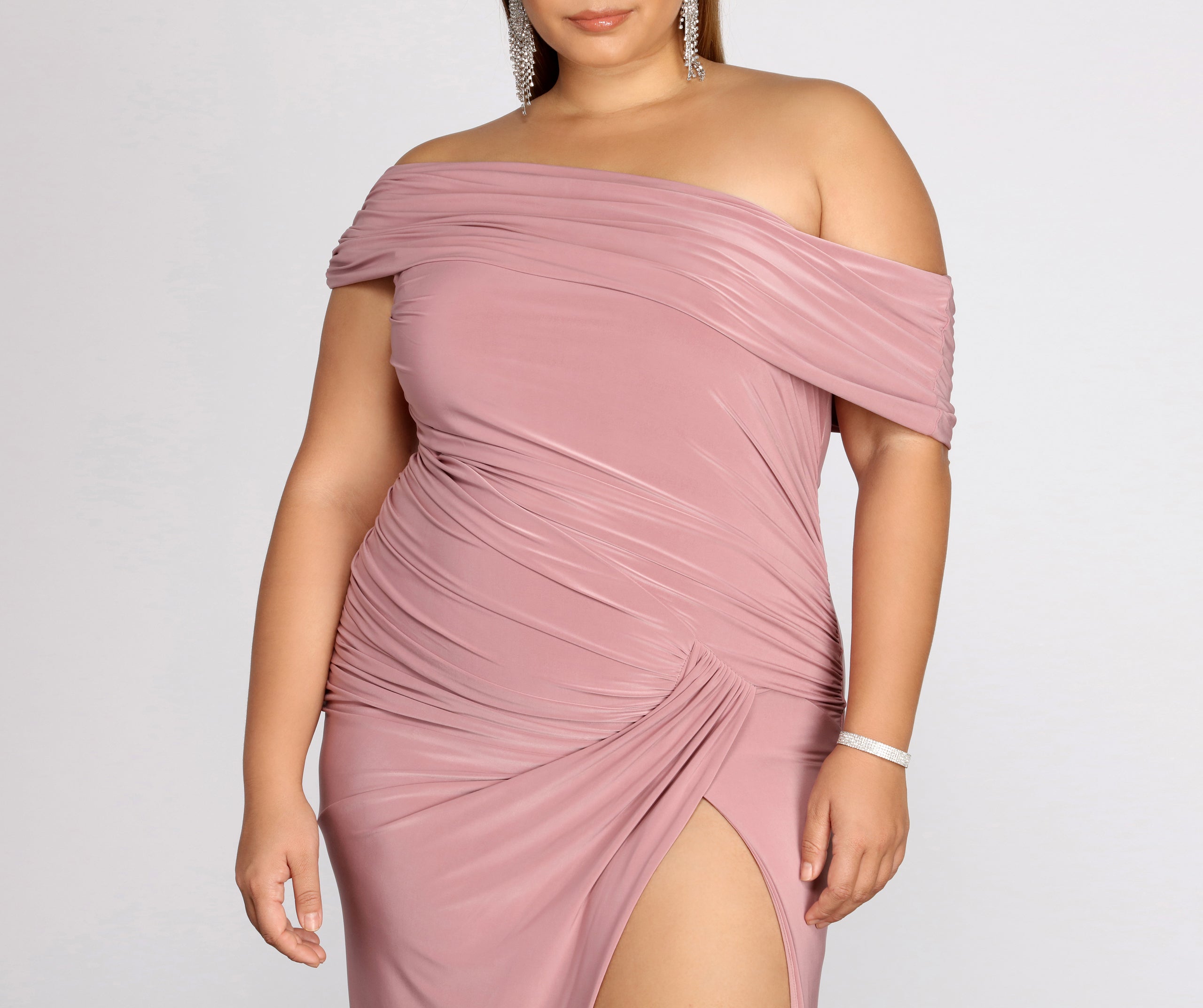 Plus Kaleigh Off Shoulder Dress is a stunning choice for a bridesmaid dress or maid of honor dress, and to feel beautiful at Homecoming 2023, fall or winter weddings, formals, & military balls!