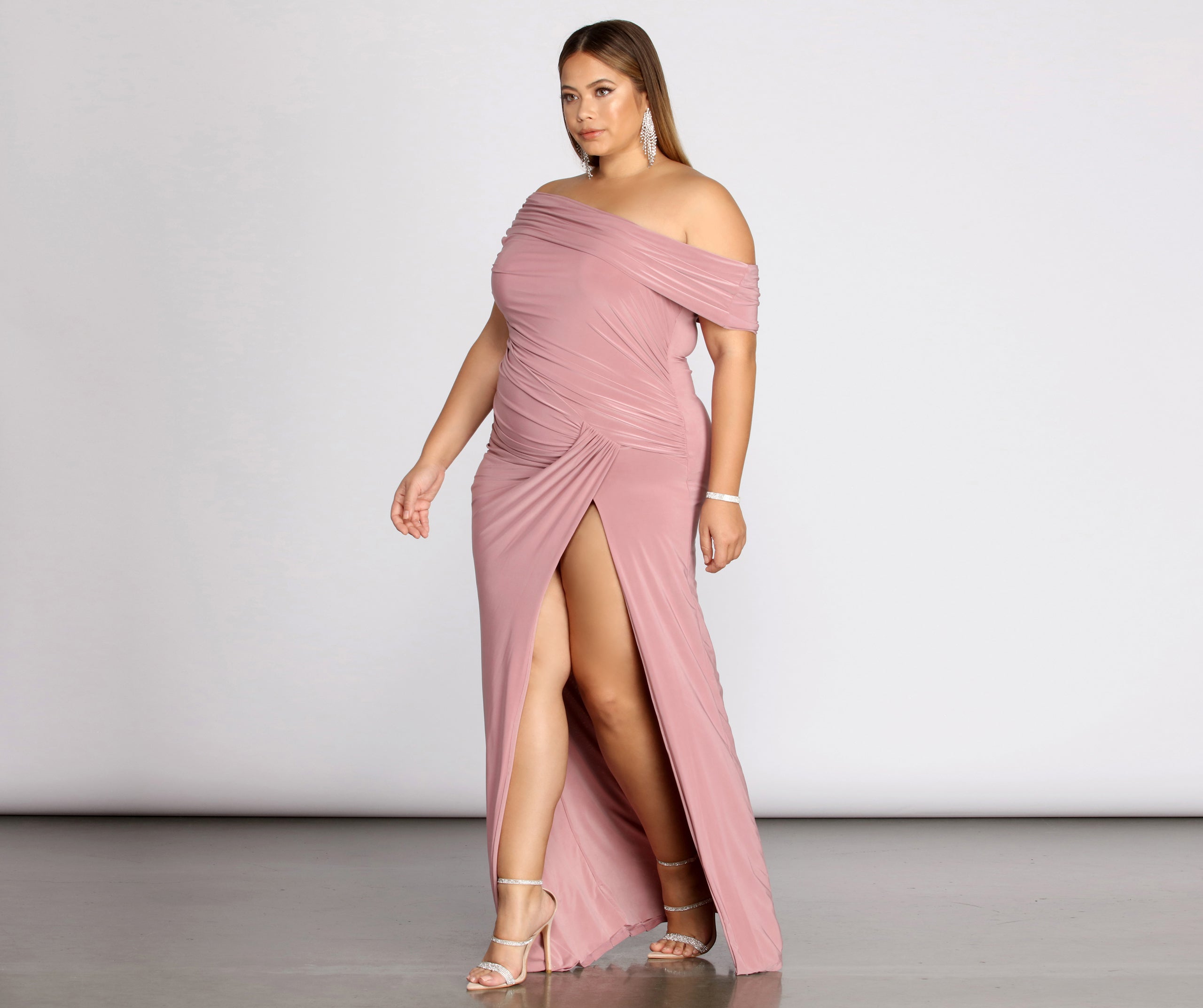 Plus Kaleigh Off Shoulder Dress is a stunning choice for a bridesmaid dress or maid of honor dress, and to feel beautiful at Homecoming 2023, fall or winter weddings, formals, & military balls!