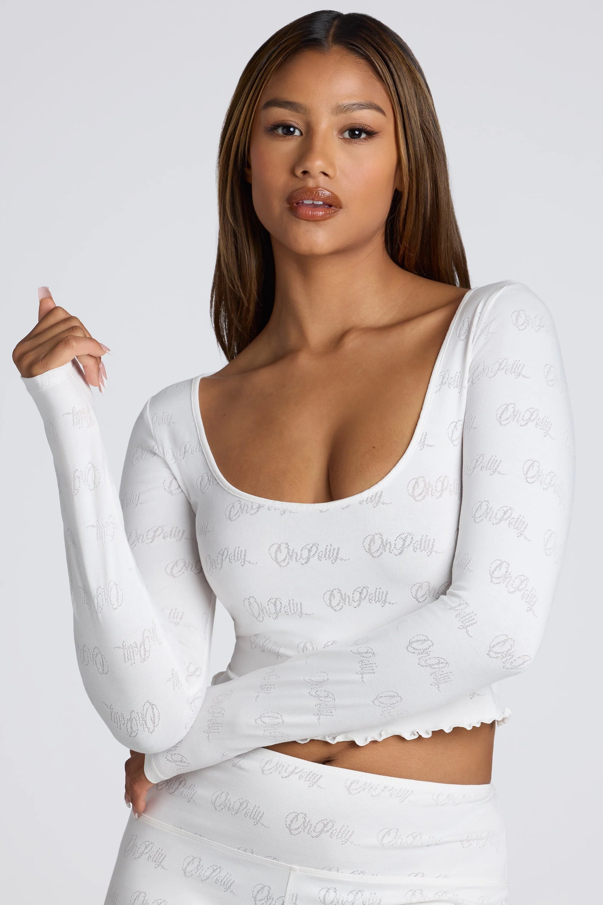 Long Sleeve Scoop Neck Pointelle Crop Top in White