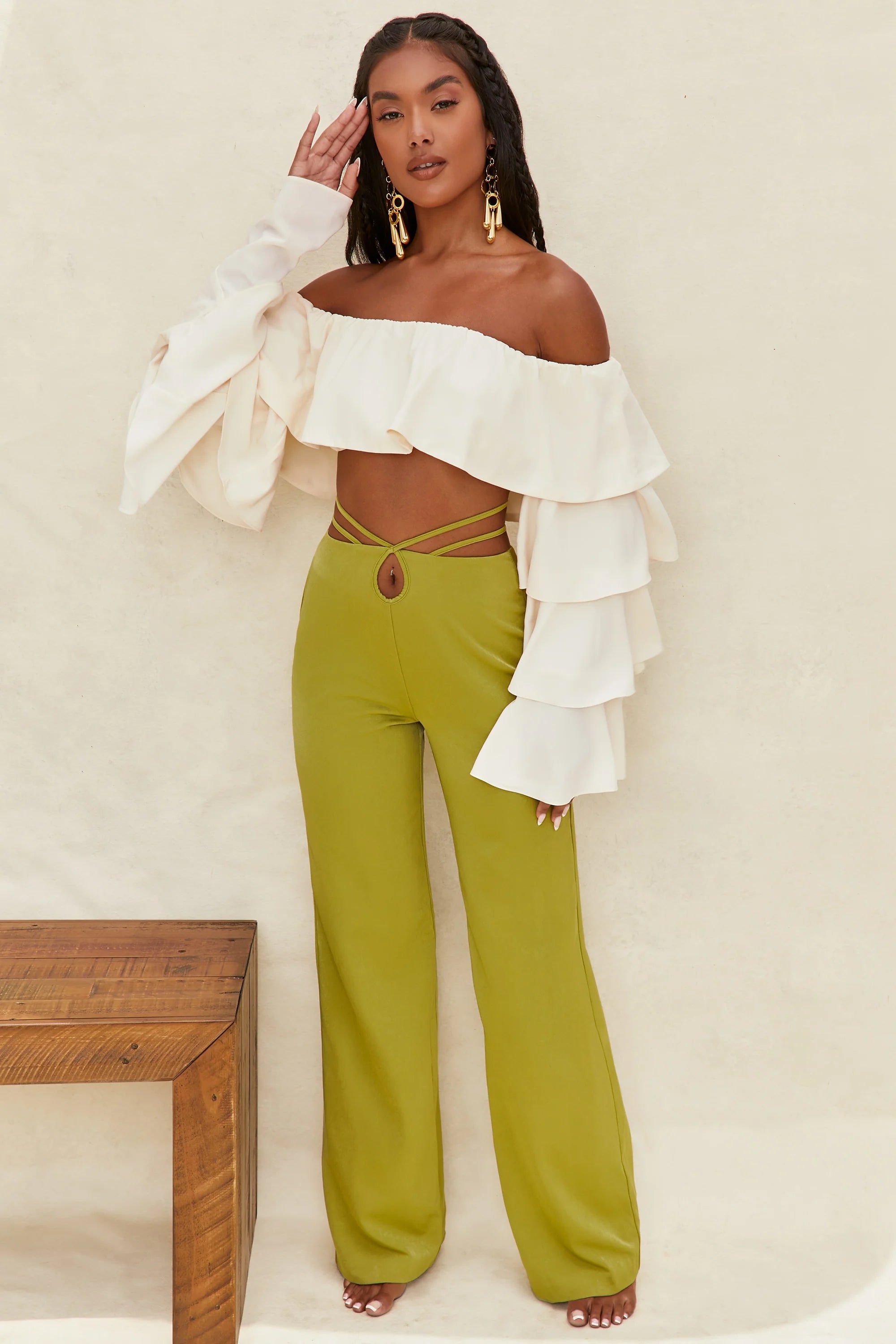 Cut Out Wide Leg Trousers in Olive