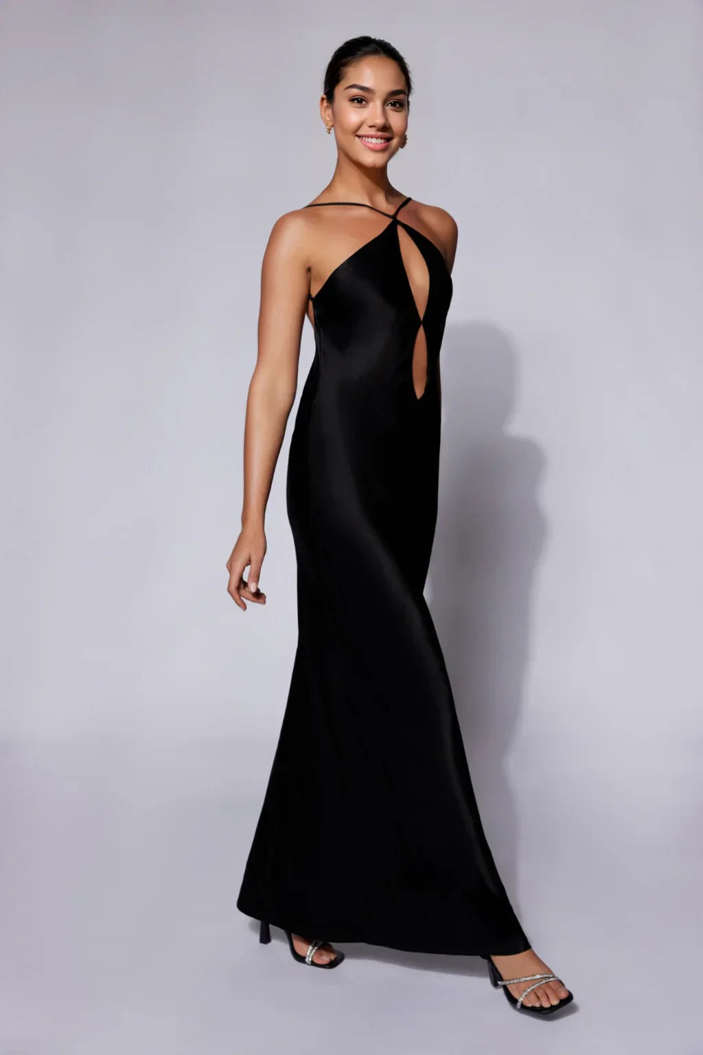 Lucia Satin Cut Out Maxi Dress - Black