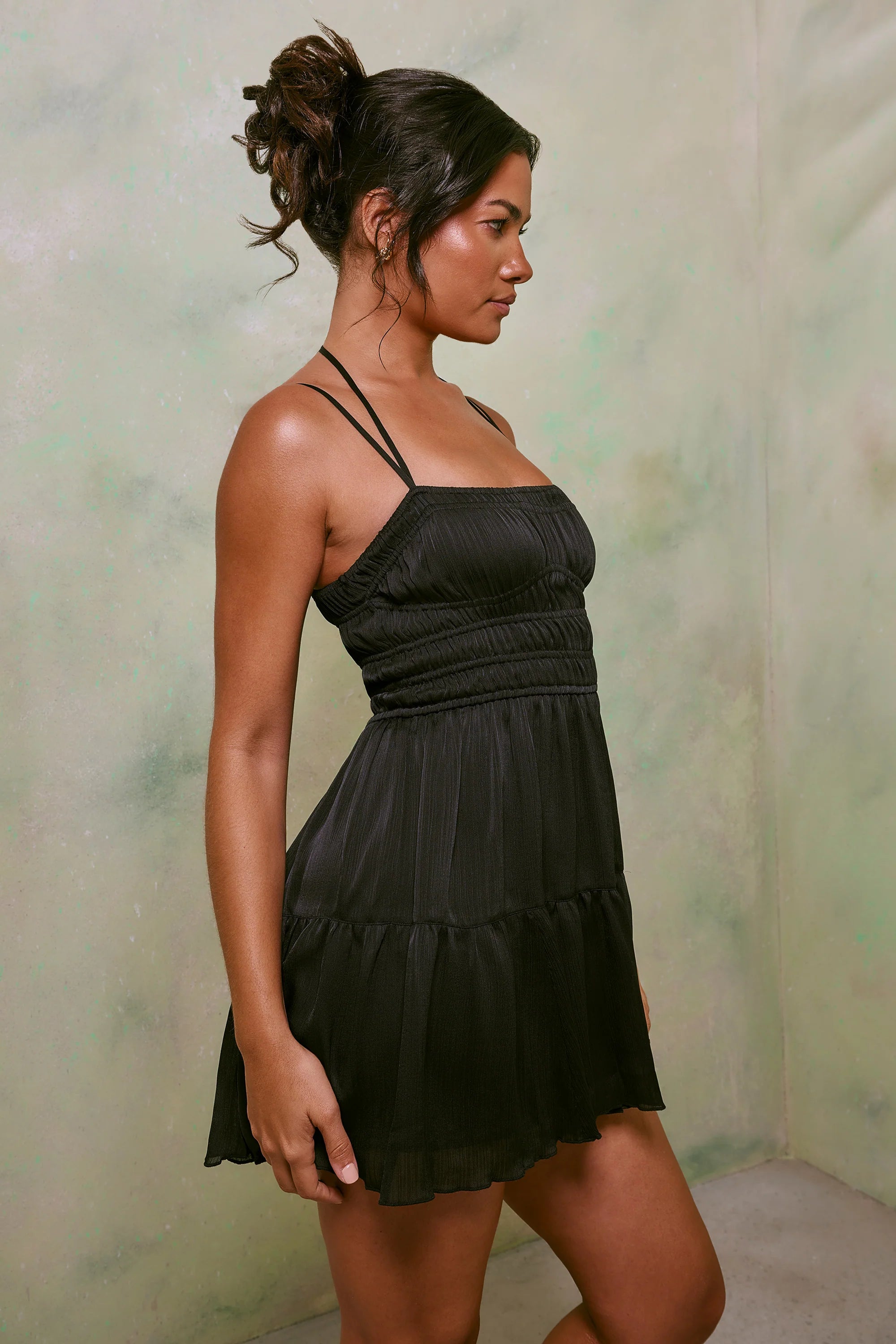 Shirred Bodice A-Line Mini Dress in Black