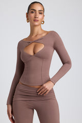 Langärmliges Crop-Top aus Modal mit Twist-Front in Taupe