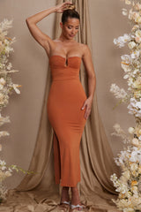 Strapless Thigh High Split Maxi Dress in Tan