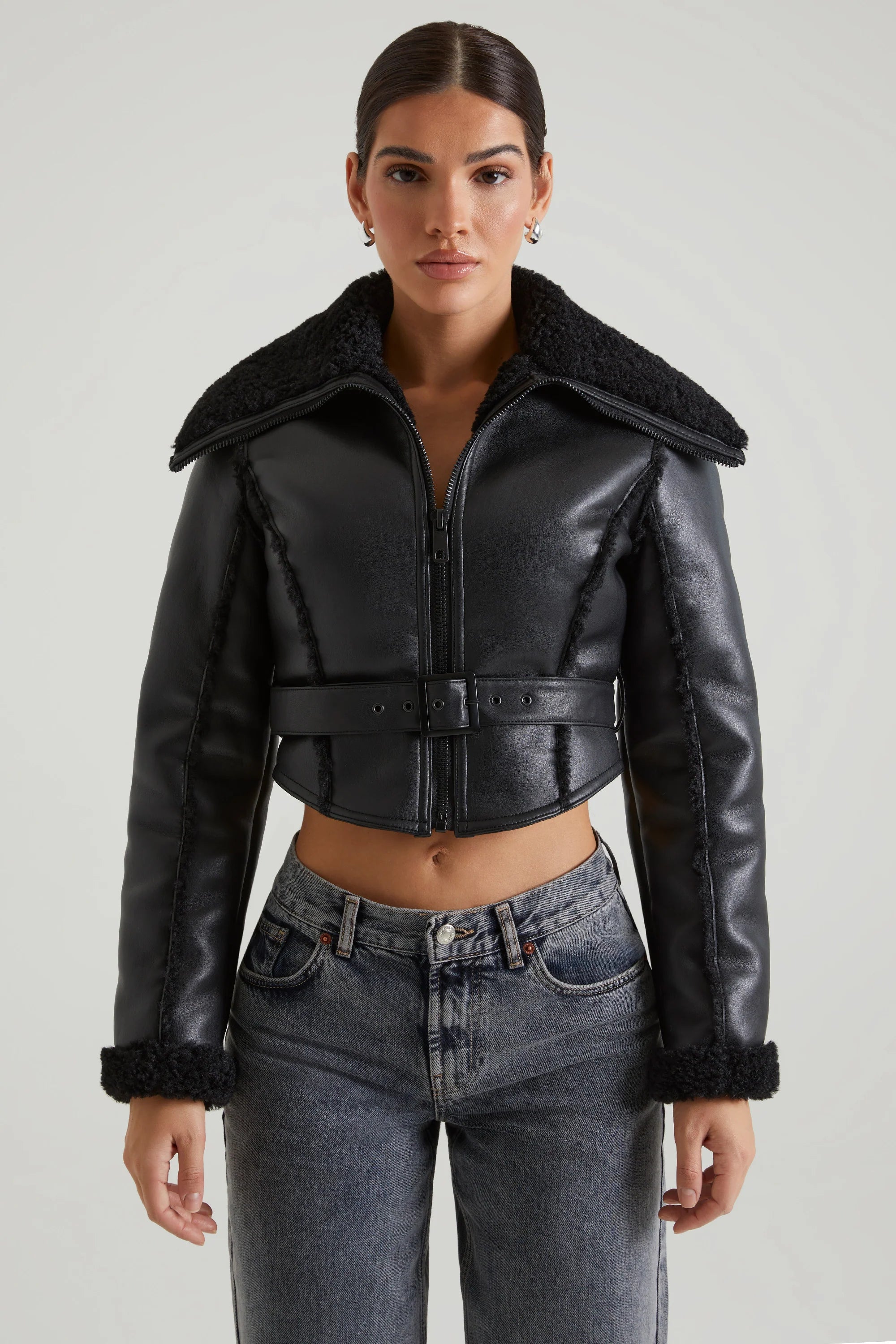 Jacket with Shearling Collar and Trim in Black