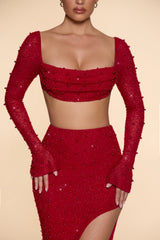 Embellished Cowl Neck Crop Top in Red