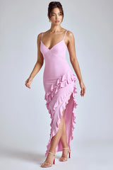 Panelled Ruffle Evening Gown in Baby Pink