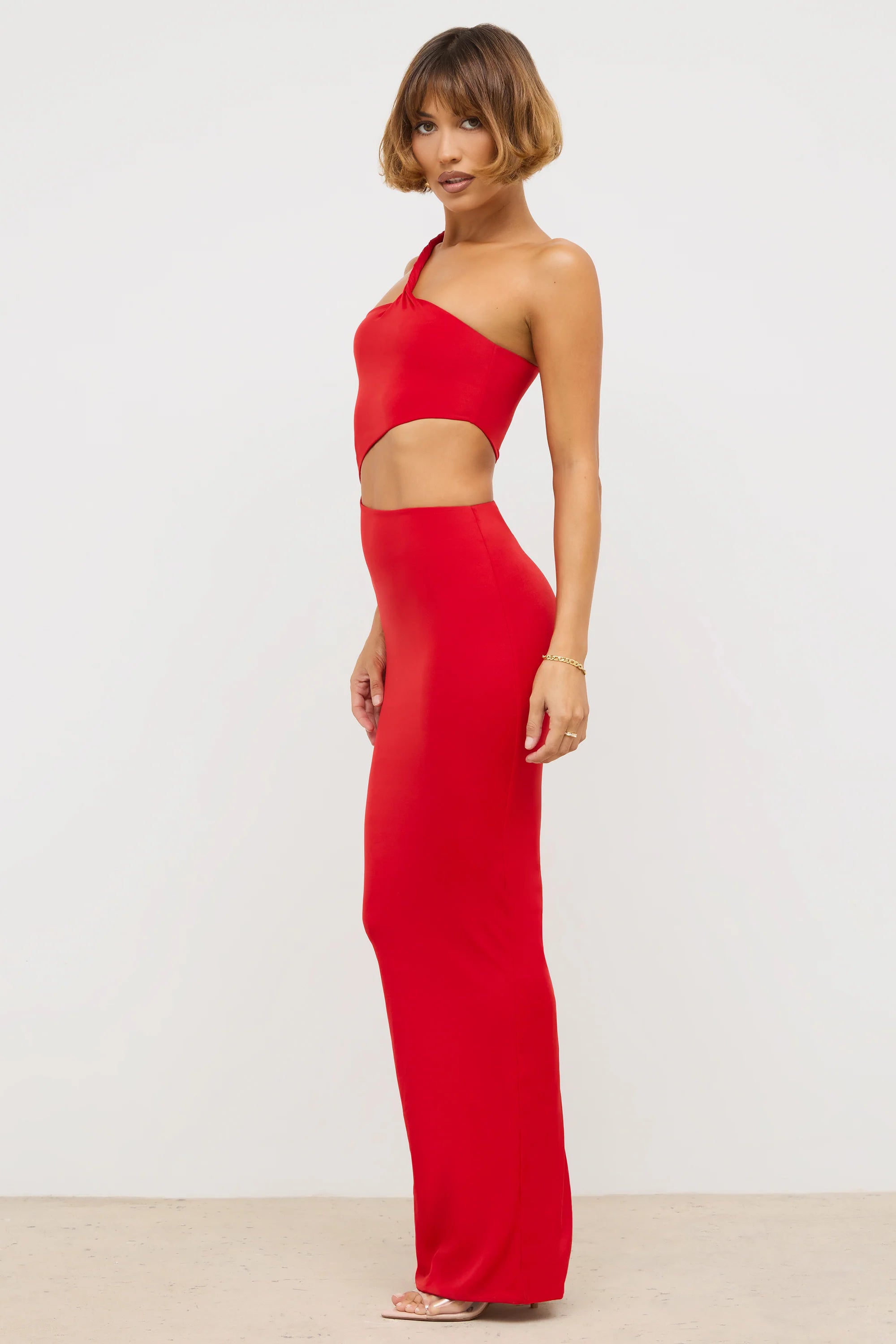 Abito maxi con taglio asimmetrico in jersey premium in rosso scarlatto