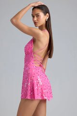 Embellished Multi-Strap Mini Dress in Bubblegum Pink