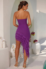 Bandeau Ruffle Asymmetric Hem Midi Dress in Purple