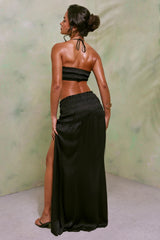 Shirred Thigh High Split Mid Rise Maxi Skirt in Black