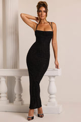 Embellished Strapless Cowl Neck Maxi Dress in Black