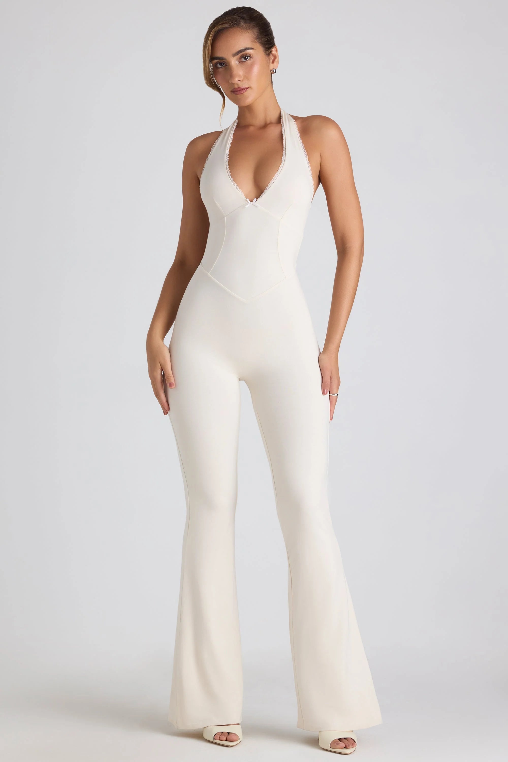 Petite Modal Lace-Trim Cut-Out Flared Jumpsuit in Ivory