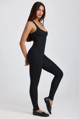 Ribbed Modal Lace-Trim Jumpsuit in Black