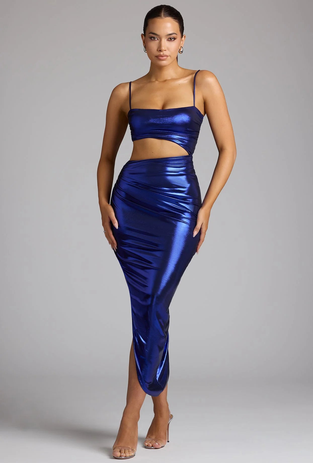 Draped Metallic Jersey Maxi Dress in Electric Blue