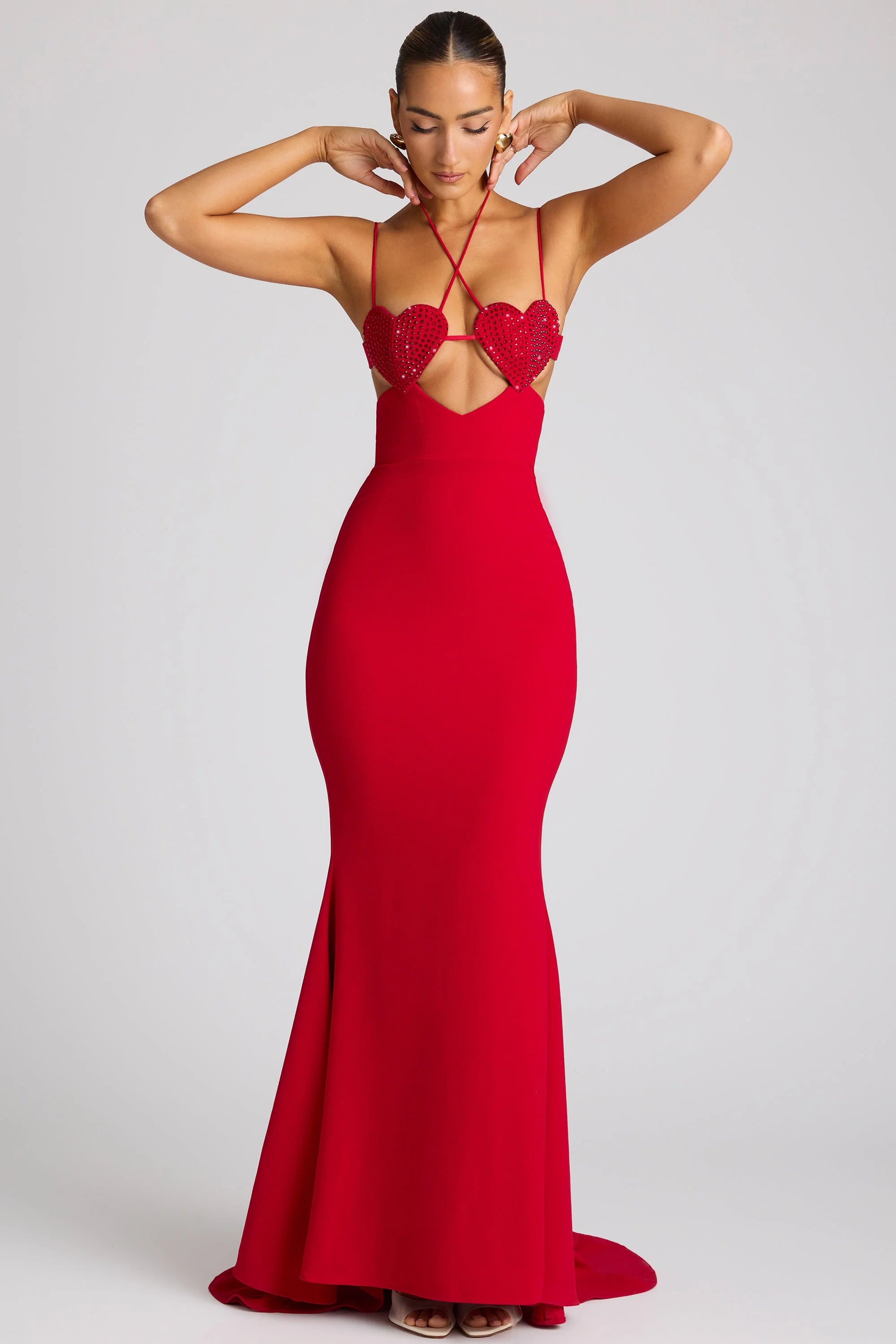 Embellished Heart Cup Detail Evening Gown in Fire Red