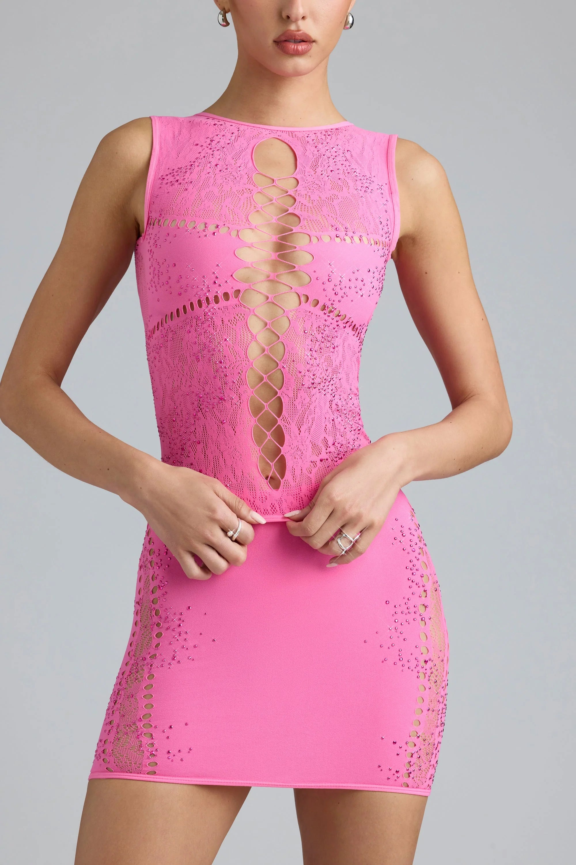 Top a collo alto con lacci decorato in rosa bubblegum