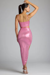 Draped Metallic Jersey Maxi Dress in Rose Pink