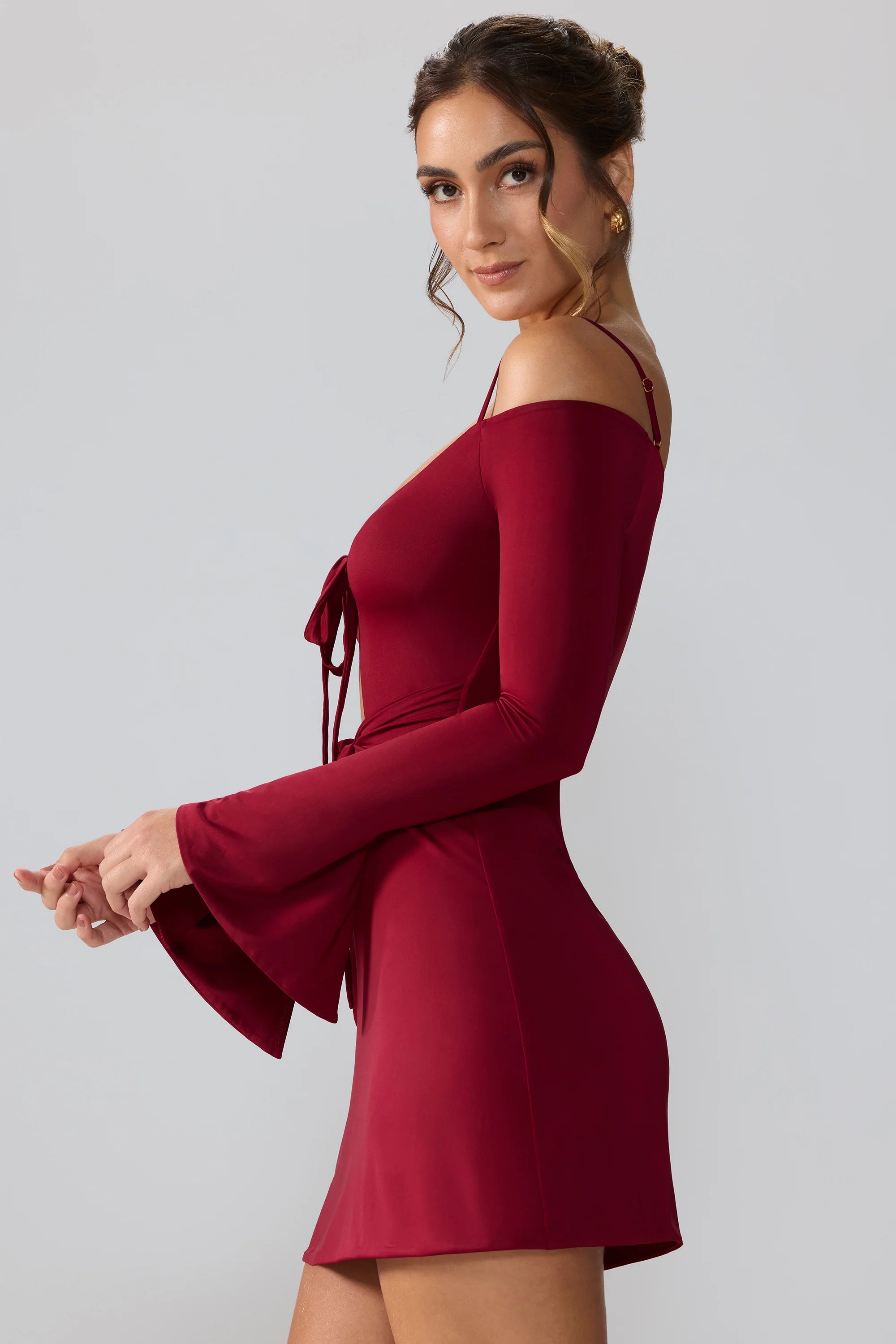 Slinky Jersey Long Sleeve Cut Out Mini Dress in Ruby