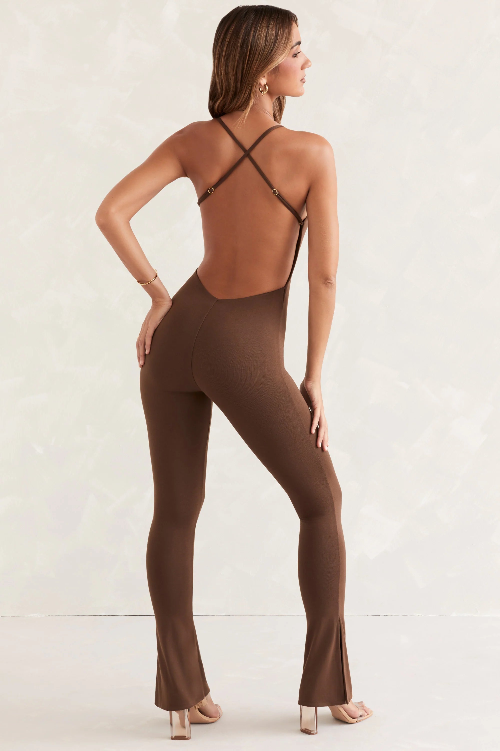 Scoop Neck Backless Jumpsuit in Brown