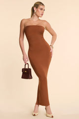 Strapless Ruched Modal Cashmere Blend Maxi Dress in Chestnut Brown