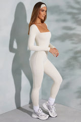 Square Neck Long Sleeve Jumpsuit in Ivory