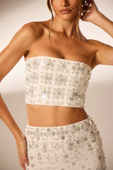 Hand Embellished Bandeau Corset Crop Top in Ivory