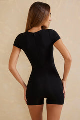 Short Sleeve High Neck Unitard in Black