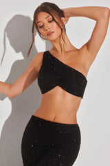 Embellished One Shoulder Knot Detail Crop Top in Black