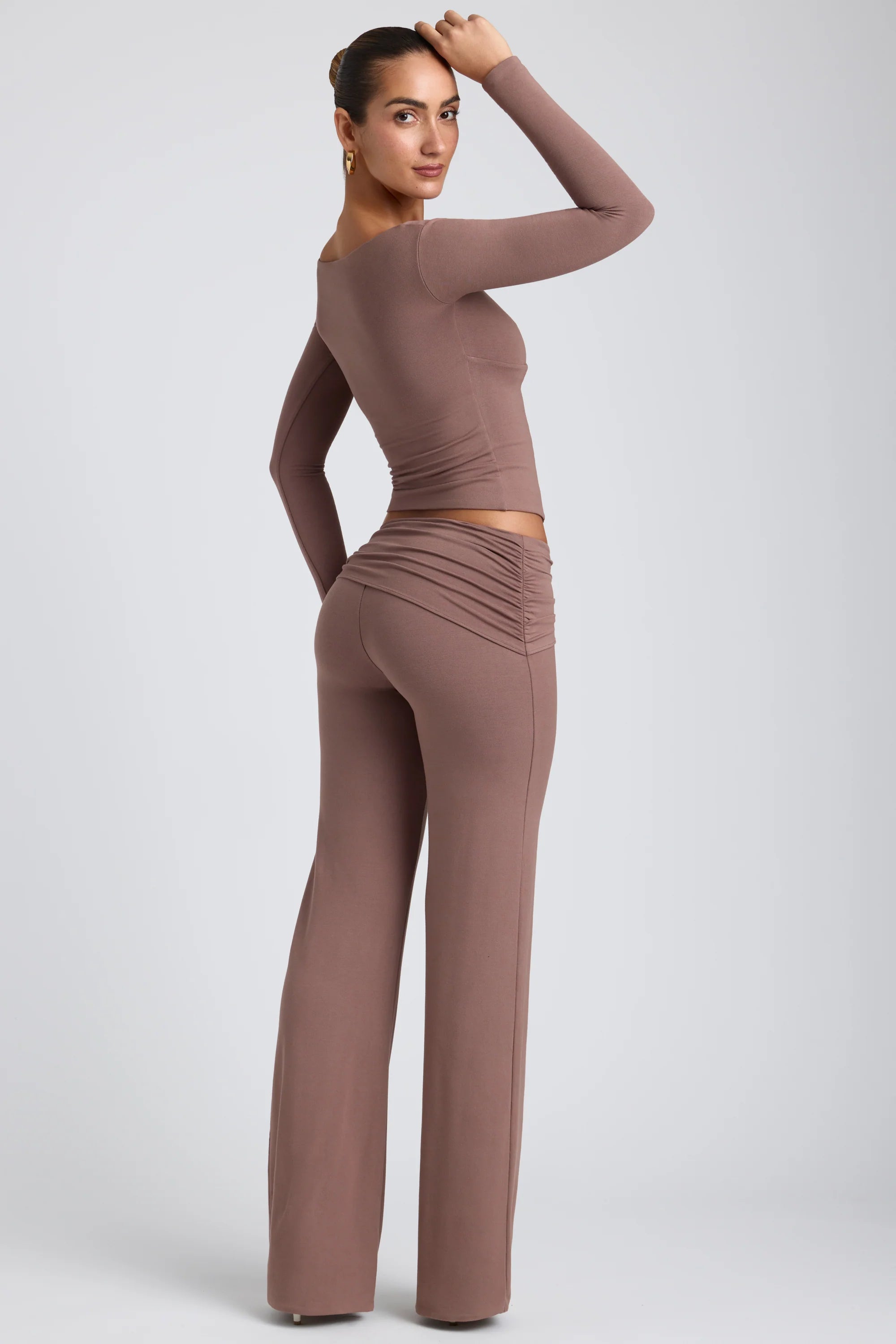 Modal Twist-Front Long-Sleeve Crop Top in Taupe