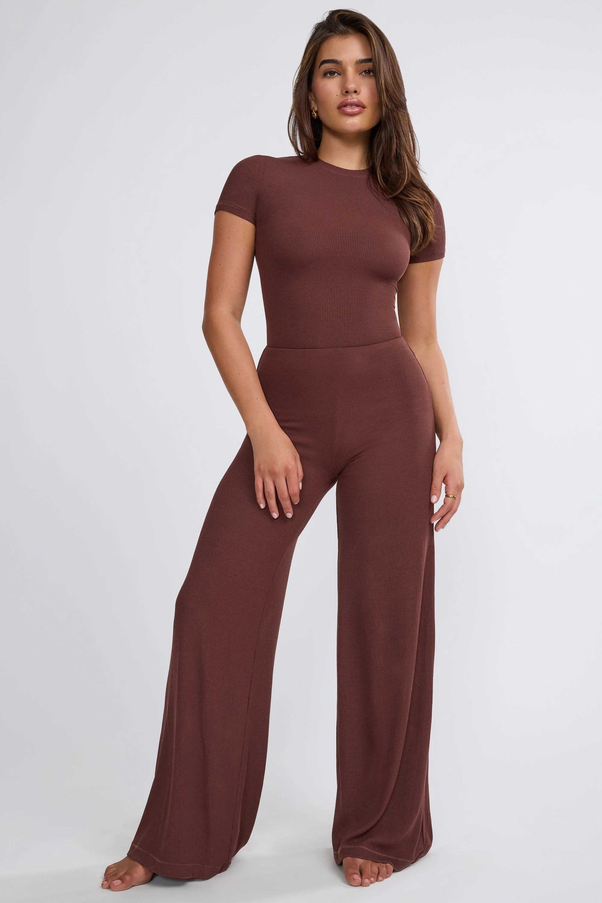 Ribbed Modal High Neck Top in Chocolate