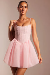 Embellished Corset Tulle Skirt Mini Dress in Blush