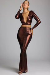 Mid Rise Metallic Jersey Gown Skirt in Copper Bronze