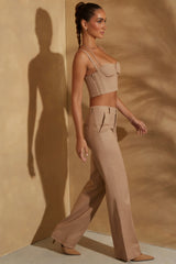 High Waist Straight Leg Linen Trousers in Tan