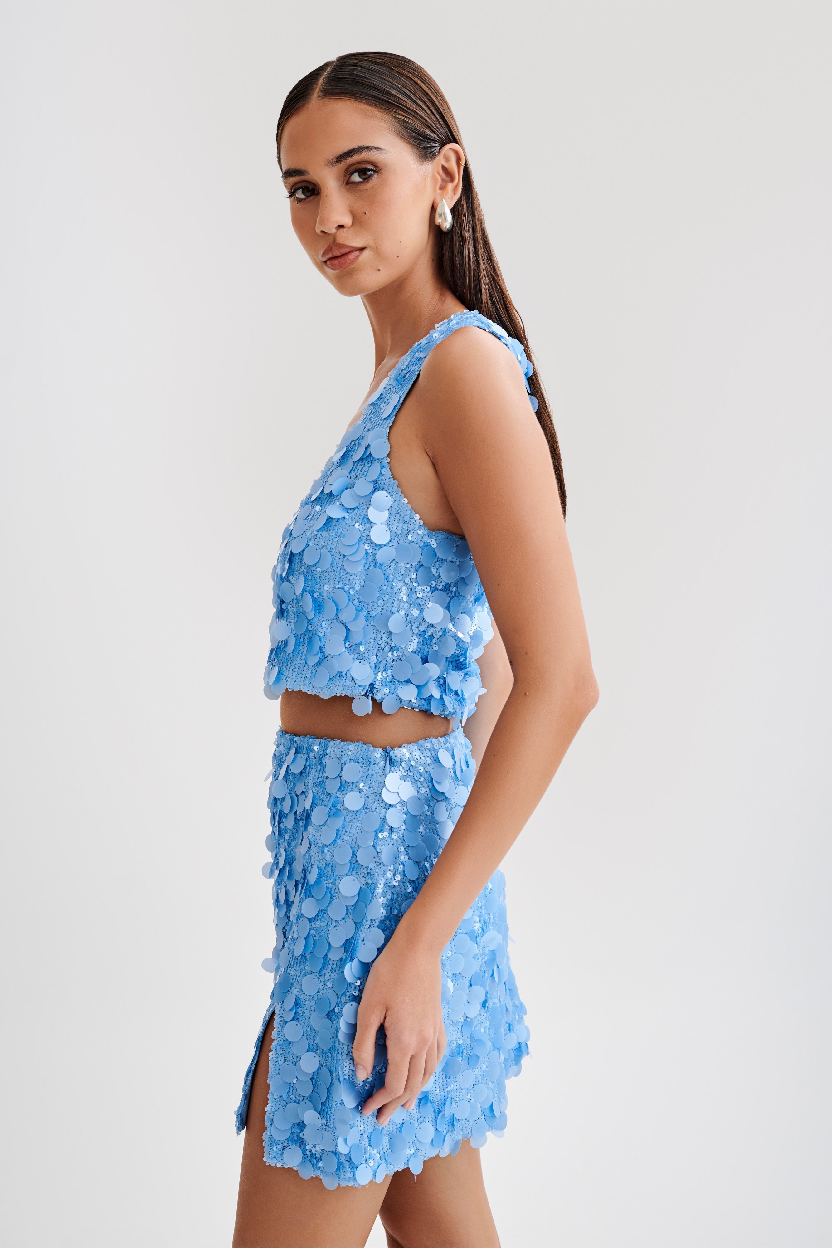 Maude Transparent Sequin Racer Crop Top - Cornflower Blue