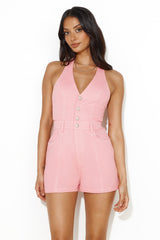 Picnic Ready Halter Denim Romper Pink