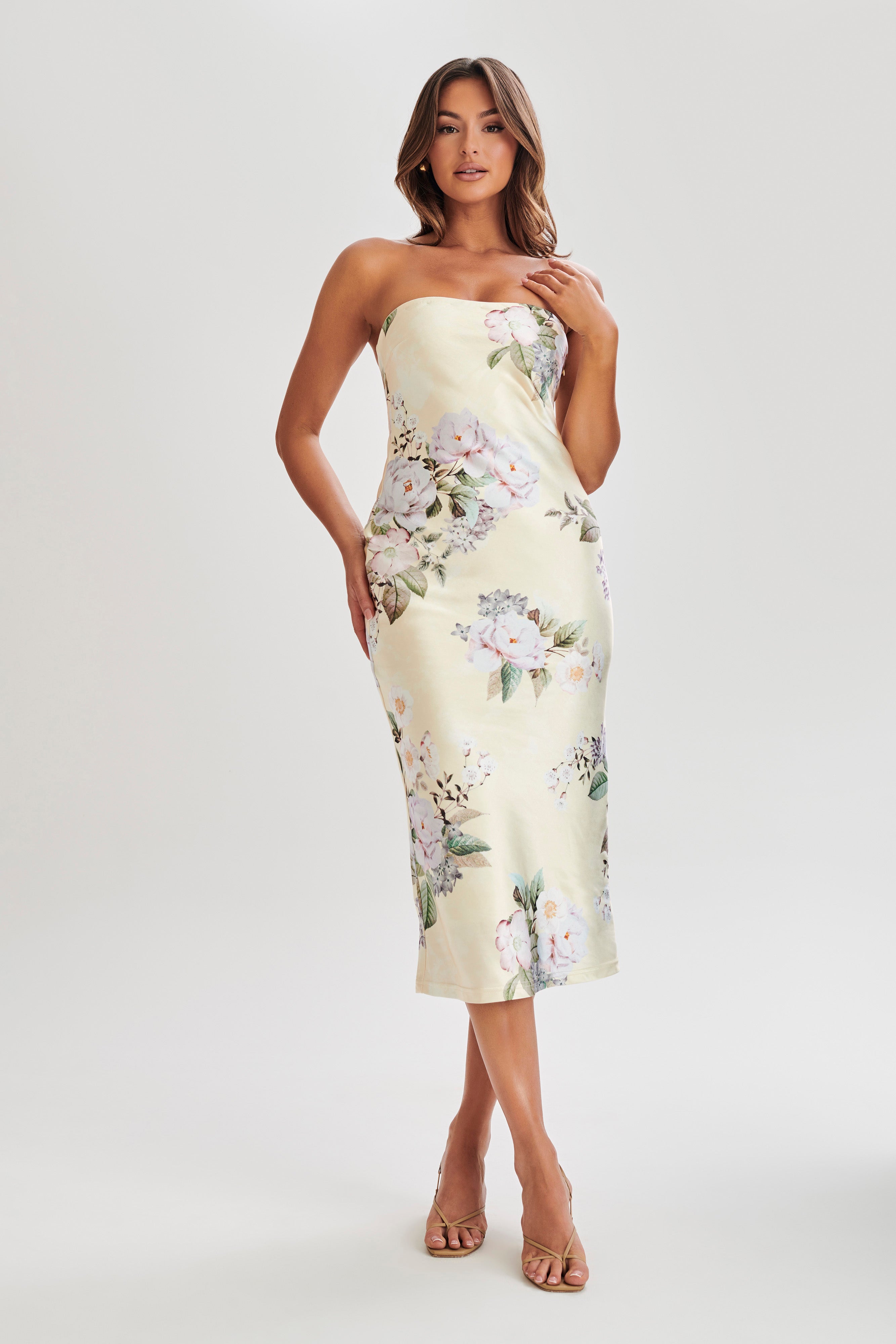 Tyler Strapless Satin Midi Dress - Lemon Floral Print