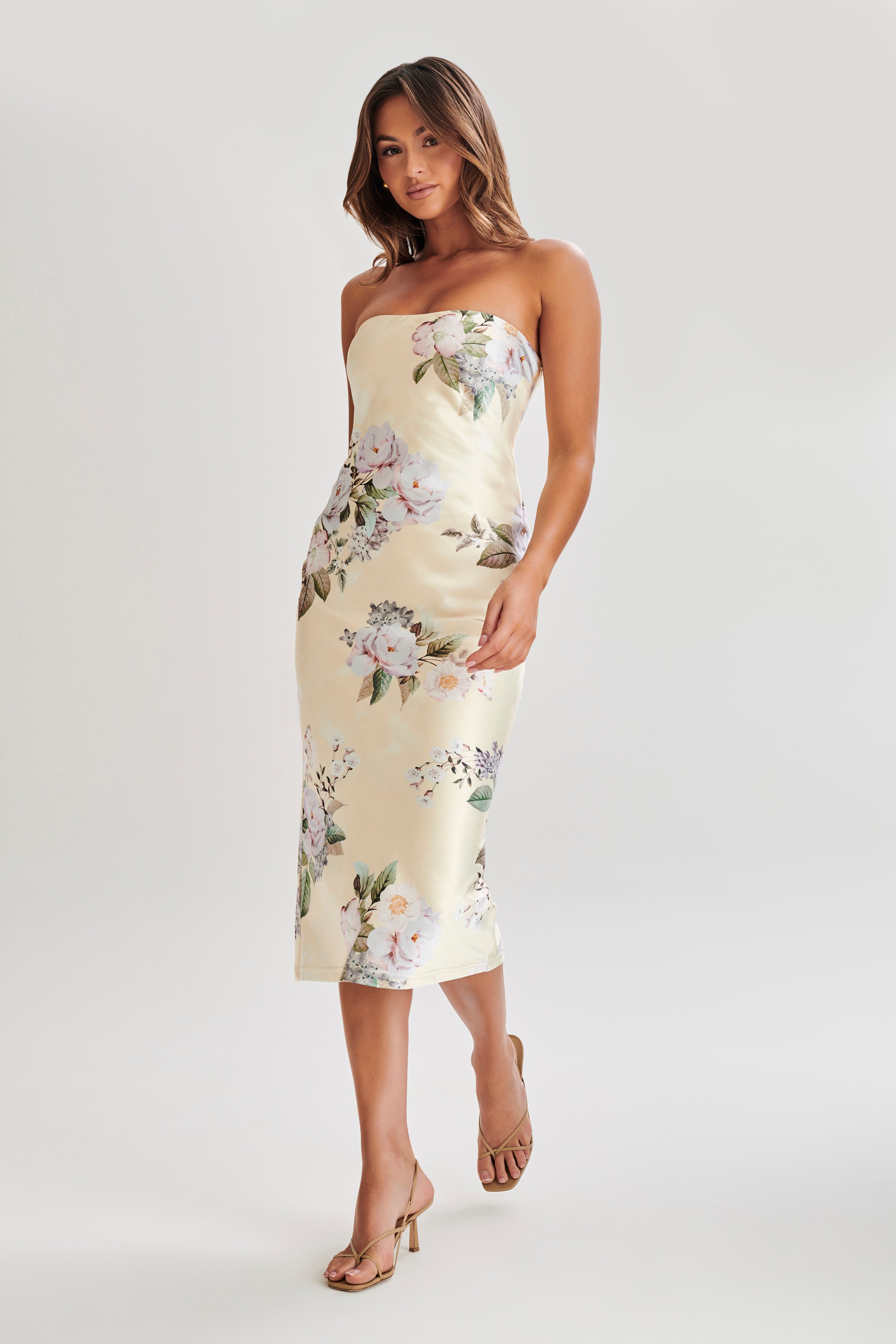 Tyler Strapless Satin Midi Dress - Lemon Floral Print